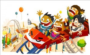 Fun with Roller Coaster. White copy space on top, very detailed illustration,